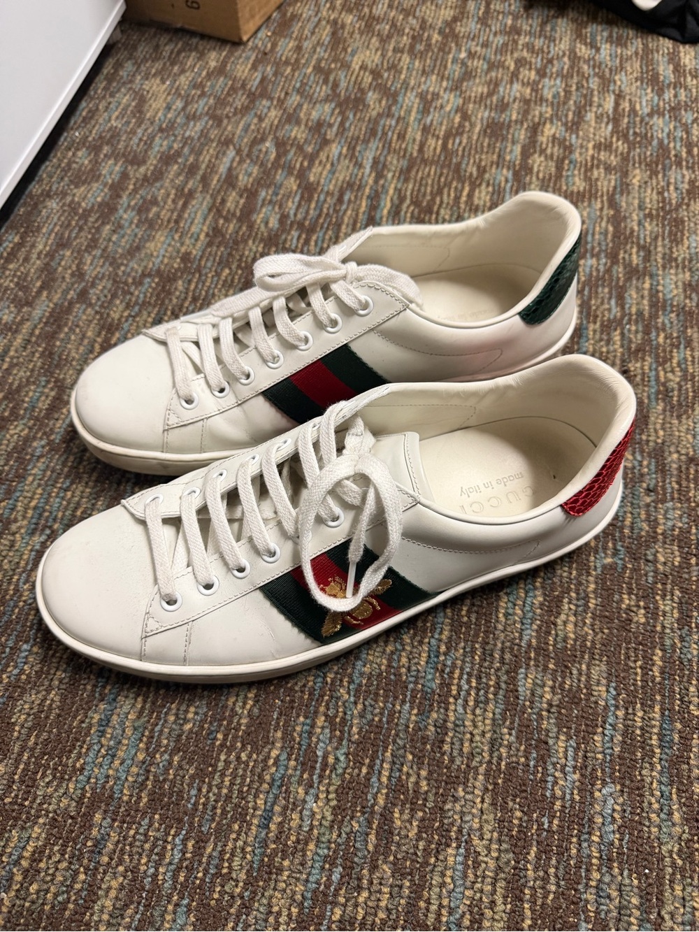 Gucci White Leather Sneakers with Red & Green Web and Gold Bee